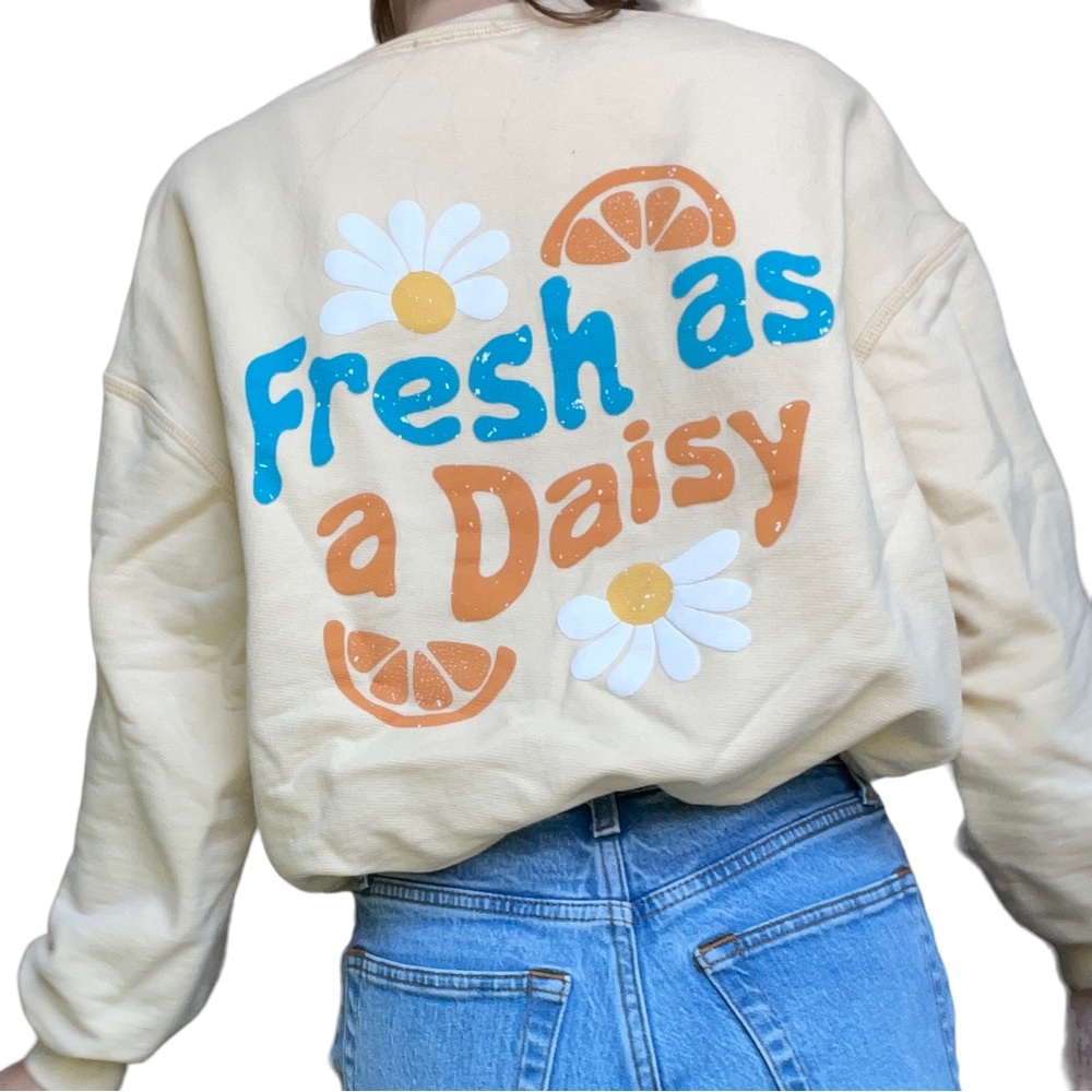 Dippin Daisys Yellow Orange Fresh as Daisys Graphic Back Beach Crop Sweatshirt